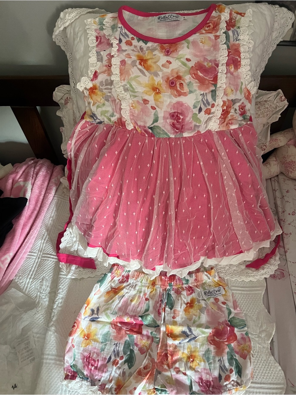 Bella & Omi Floral & Pink Ruffle Dress and shorts  Set